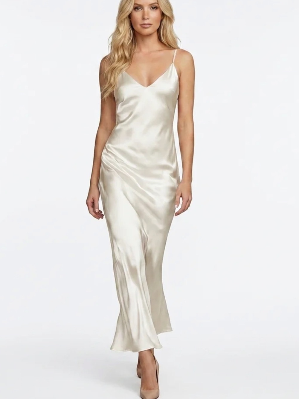 Silk-Like Ivory Maxi Slip Dress - Elegant V-Neck Spaghetti Strap